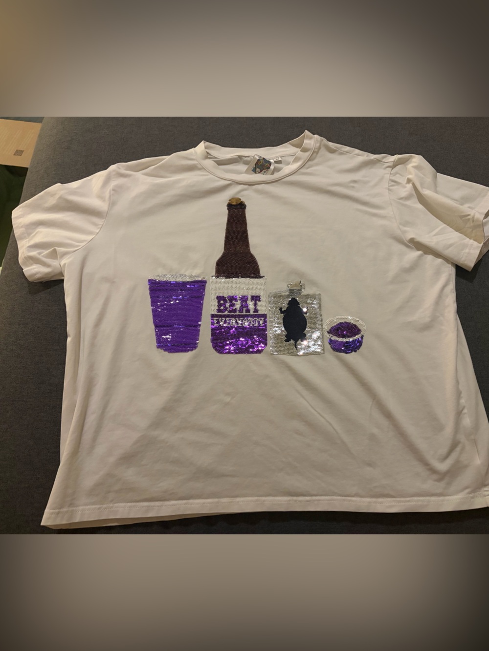 Girls' White Sequin Graphic Tee with Purple Accents